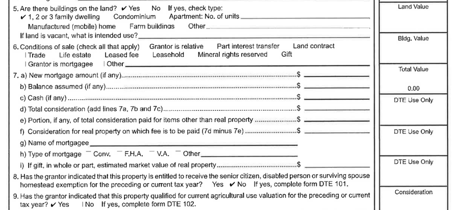 Brenneman DTE-100 Real Property Conveyance Fee Statement of Value — the numbered value lines with the dollar column produced blank.
